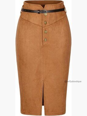 Faux Suede High Rise Button Front A-Line Midi Skirt